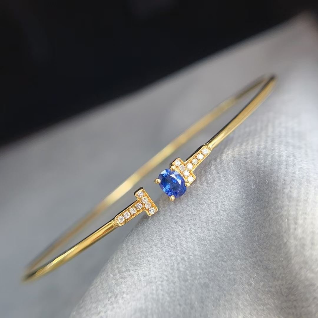 14k Gold 0.45 Ct Natural Sapphire & Diamond Bangle - 2