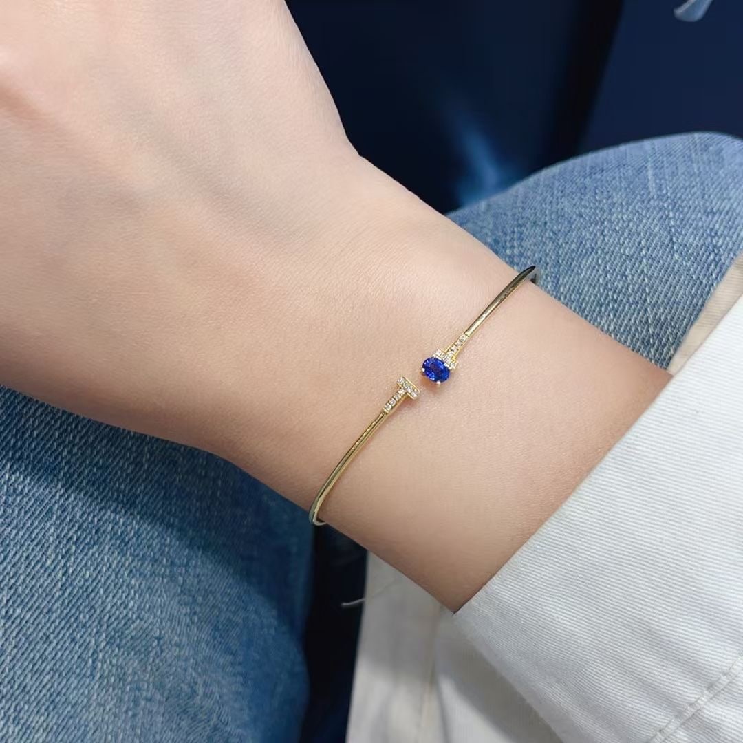 14k Gold 0.45 Ct Natural Sapphire & Diamond Bangle - 4