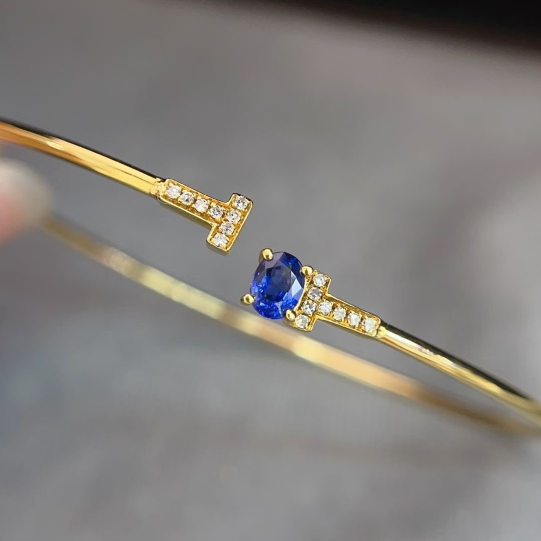 14k Gold 0.45 Ct Natural Sapphire & Diamond Bangle - 5