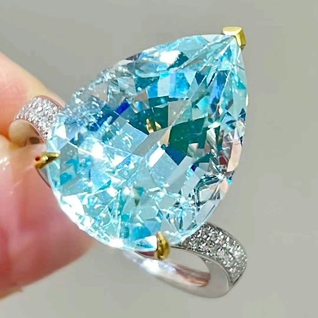 14k Gold 9.3 Ct Natural Aquamarine & Diamond Ring - 5