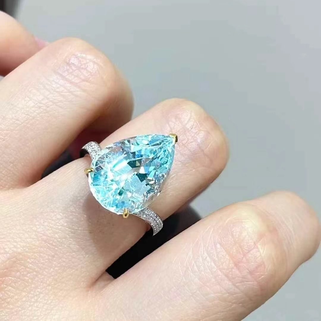 14k Gold 9.3 Ct Natural Aquamarine & Diamond Ring - 6