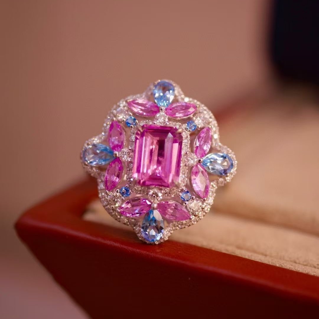 14k Gold 1.38 Ctw Natural Sapphire & Diamond Ring: Ref:230997032 // gold content:14k gold // ring size:7. 25us // // main gemstone:sapphire // shape:octagonal // carat weight:1. 01ct // color:pink // treatment:natural // // adjacent gemstone 2 :