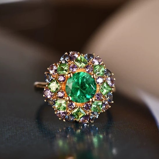 14k Gold 3.49 Ctw Vivid Green Natural Emerald & Sapphire Ring/pendant( Without Chain ): Ref:230997037 // gold content:14k gold // ring size:7. 25us // // main gemstone:emerald // shape:round // carat weight:1. 40ct // color:vivid green // treatment:natural // cut grade:g // // adjacent