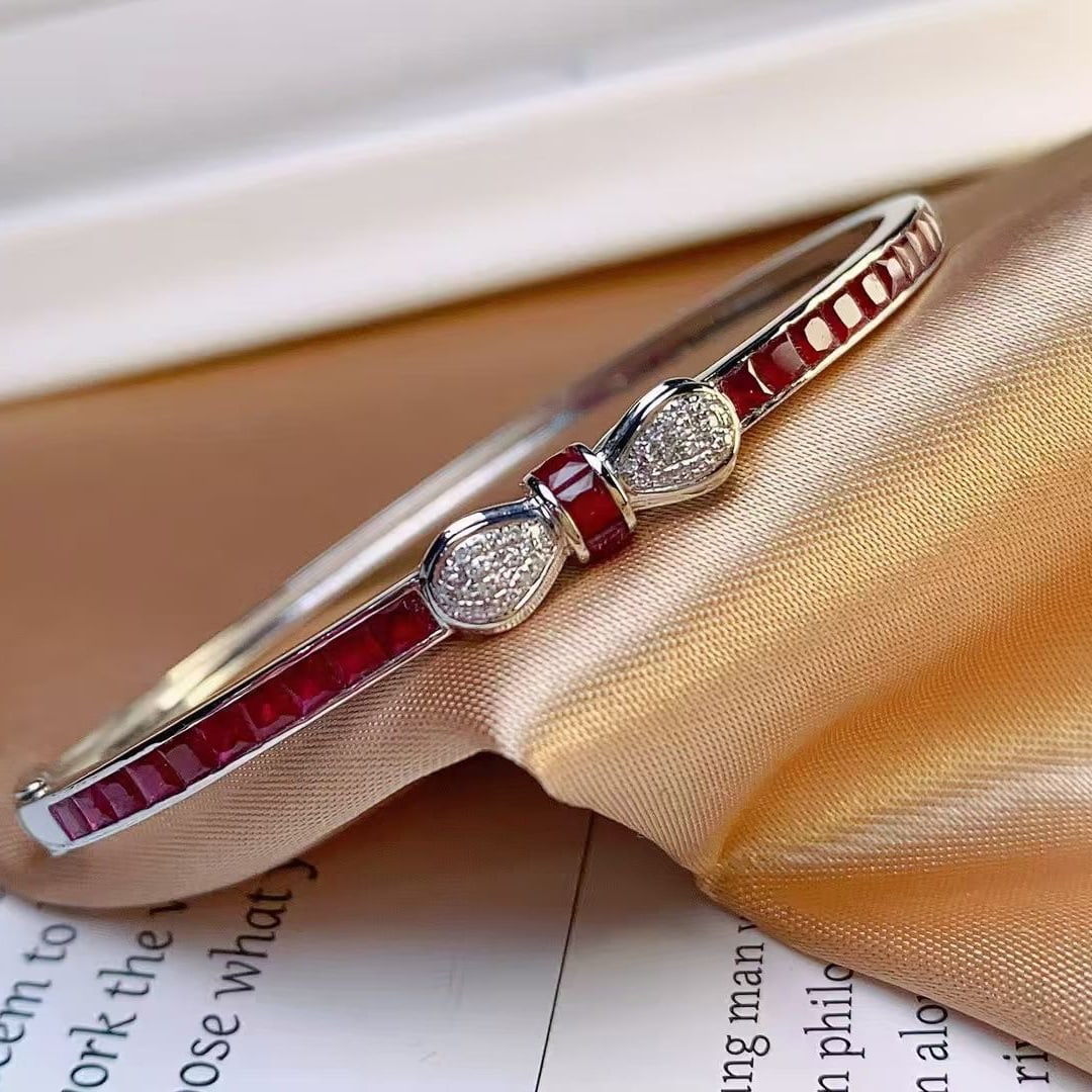 14k Gold 3.85 Ct Natural Ruby & Diamond Bangle - 3