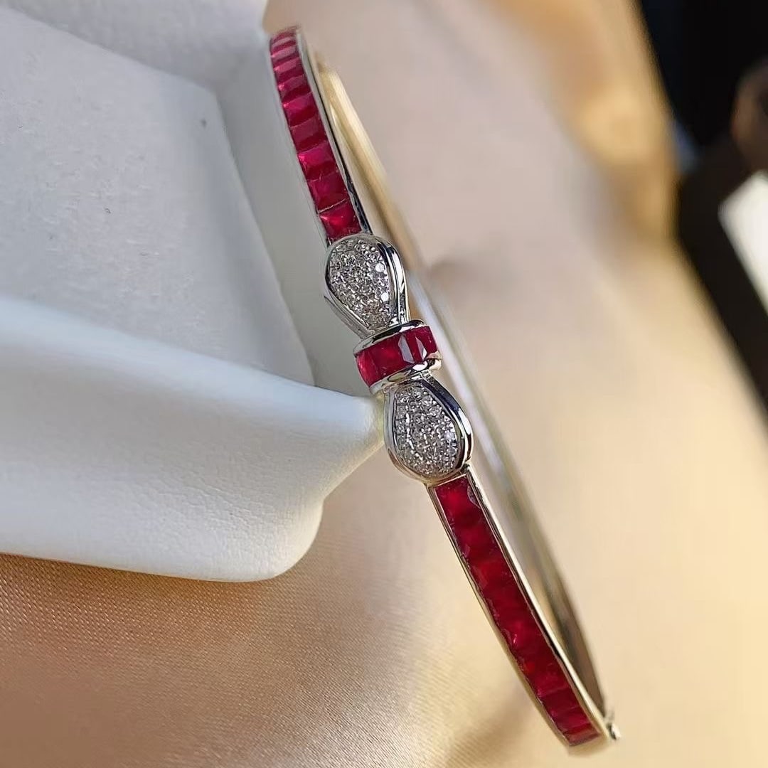 14k Gold 3.85 Ct Natural Ruby & Diamond Bangle - 5