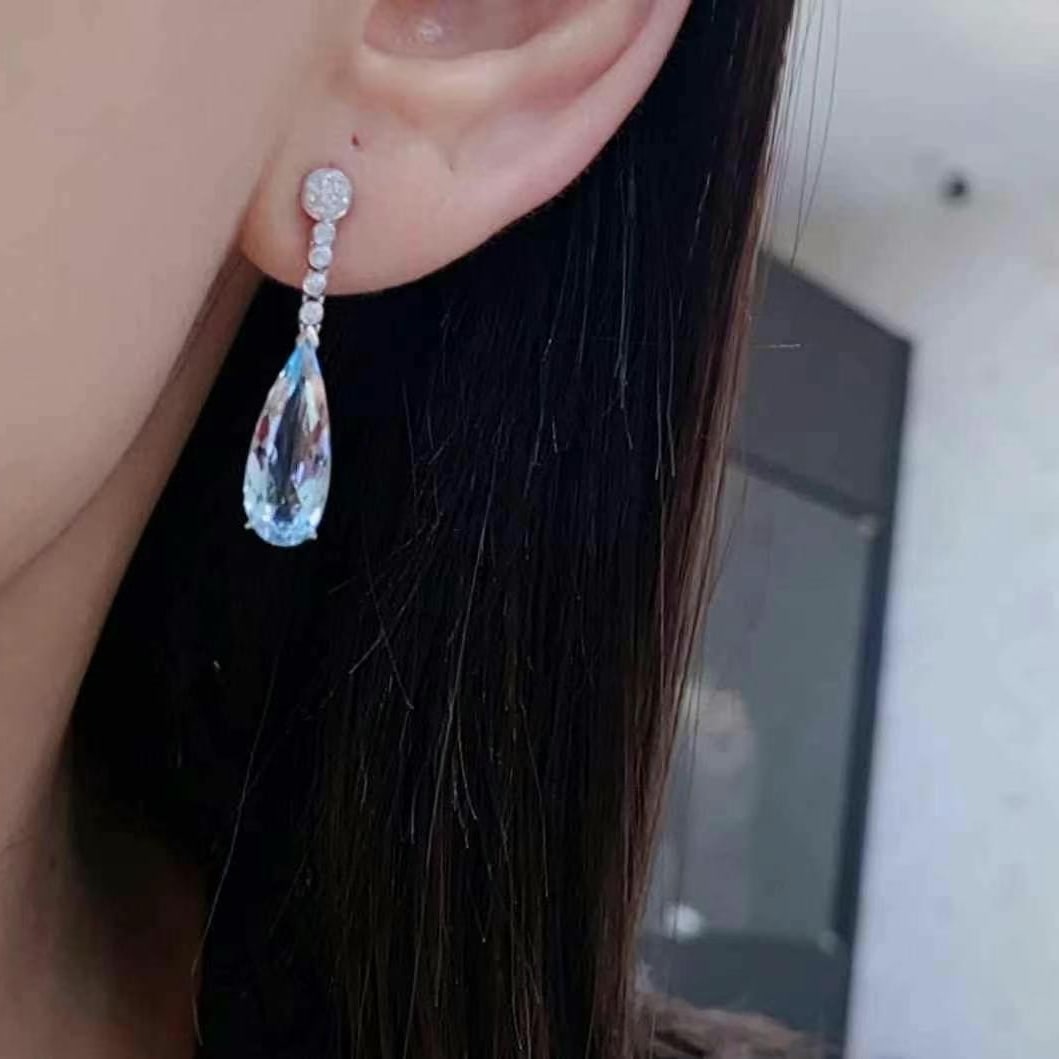 14k Gold 4.79 Ctw Natural Aquamarine & Diamond Earrings - 2