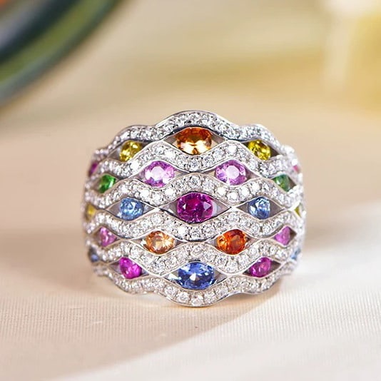 14k Gold 2.34 Ctw Natural Sapphire & Tsavorite & Diamond Ring: Ref:230997055 // gold content:14k gold // ring size:7. 25us // // main gemstone:sapphire & tsavorite // shape:round // carat weight:1. 51ct // color:color // treatment:natural // cut grade:g // //