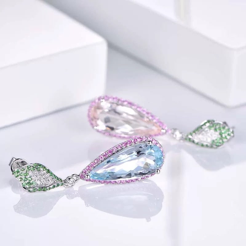 14k Gold 10.13 Ctw Natural Aquamarine & Morganite Earrings: Ref:230997056 // gold content:14k gold // main gemstone:aquamarine // shape:pear // carat weight:5. 1ct // color:blue // treatment:natural // // adjacent gemstone 2 : morganite // shape:pear // carat 