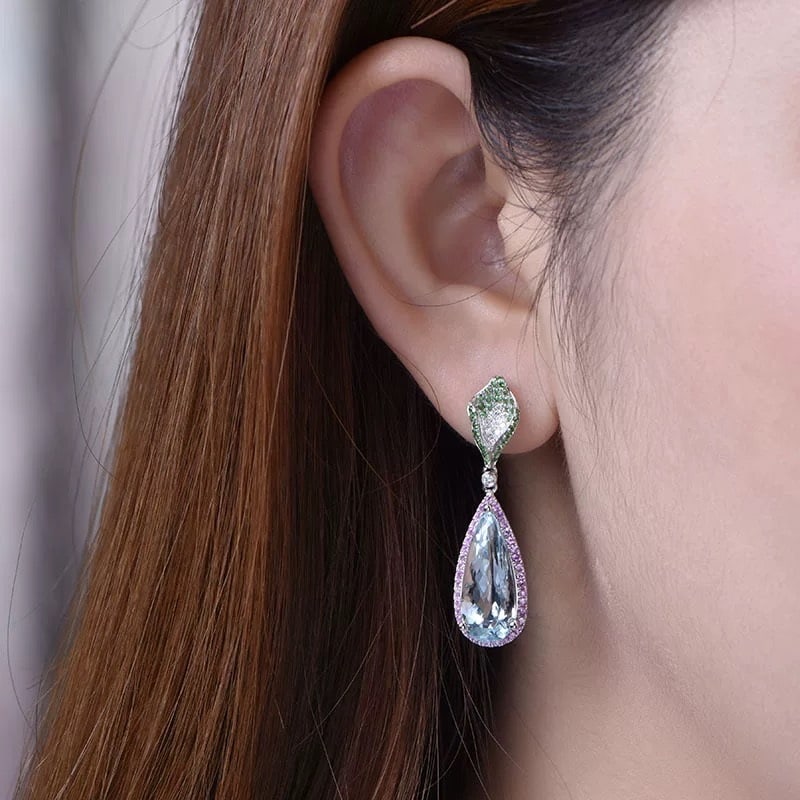 14k Gold 10.13 Ctw Natural Aquamarine & Morganite Earrings - 3