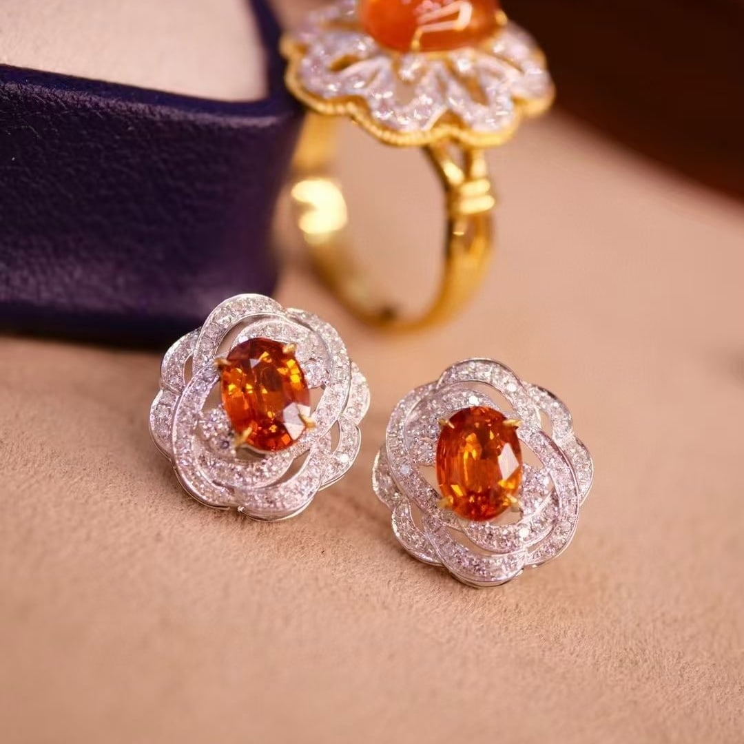 14k Gold 2.77 Ctw Natural Spessartine & Diamond Earrings - 5