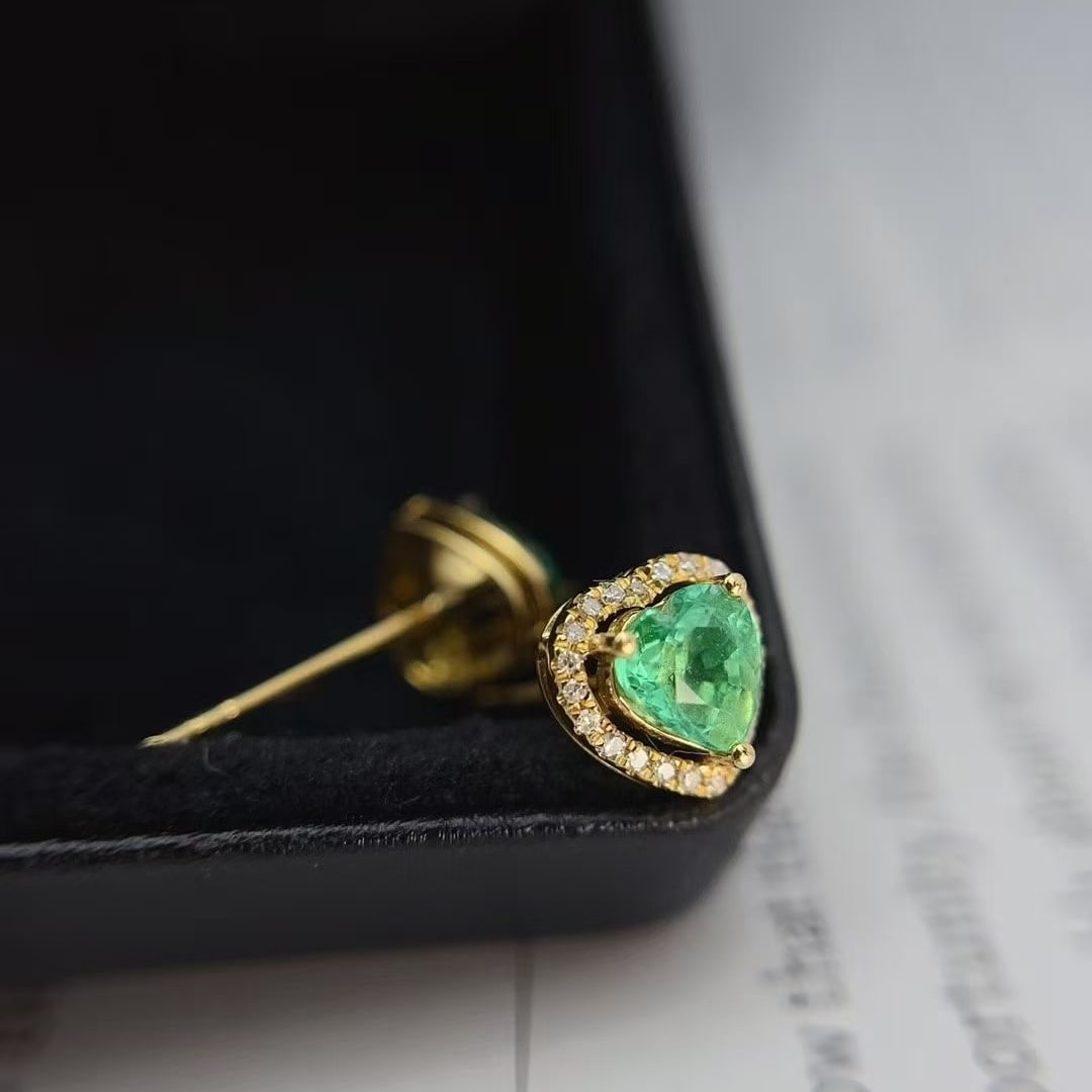 14k Gold 1 Ct Natural Emerald & Diamond Earrings - 2