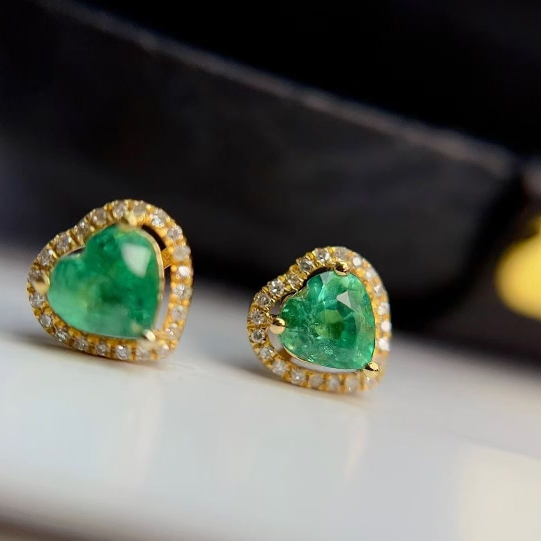 14k Gold 1 Ct Natural Emerald & Diamond Earrings - 4