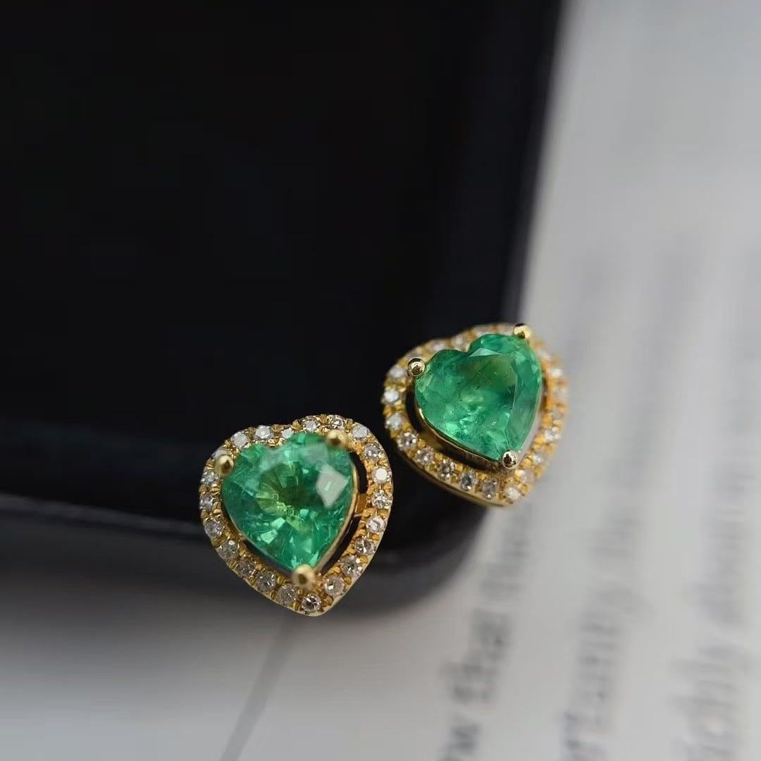 14k Gold 1 Ct Natural Emerald & Diamond Earrings - 6