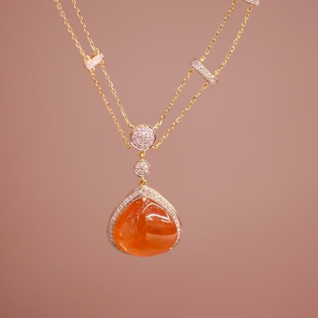 14k Gold 9.7 Ct Natural Spessartine & Diamond Necklace: Ref:230997076 // gold content:14k gold // main gemstone:spessartine // shape:pear // carat weight:9. 7ct // color:orange // treatment:natural // // adjacent gemstone 2 : diamond // shape:round //