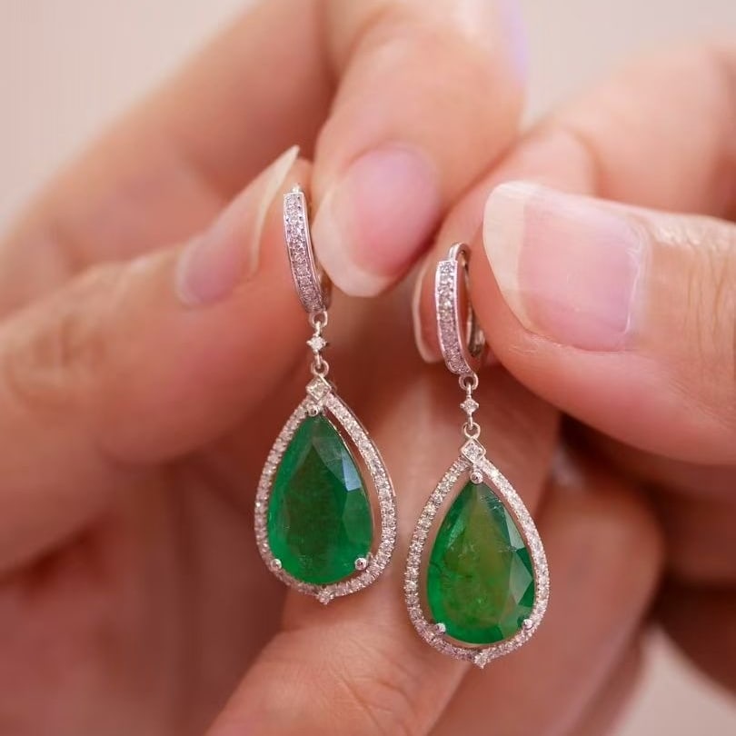 14k Gold 5 Ct Vivid Green Natural Emerald & Diamond Earrings - 2