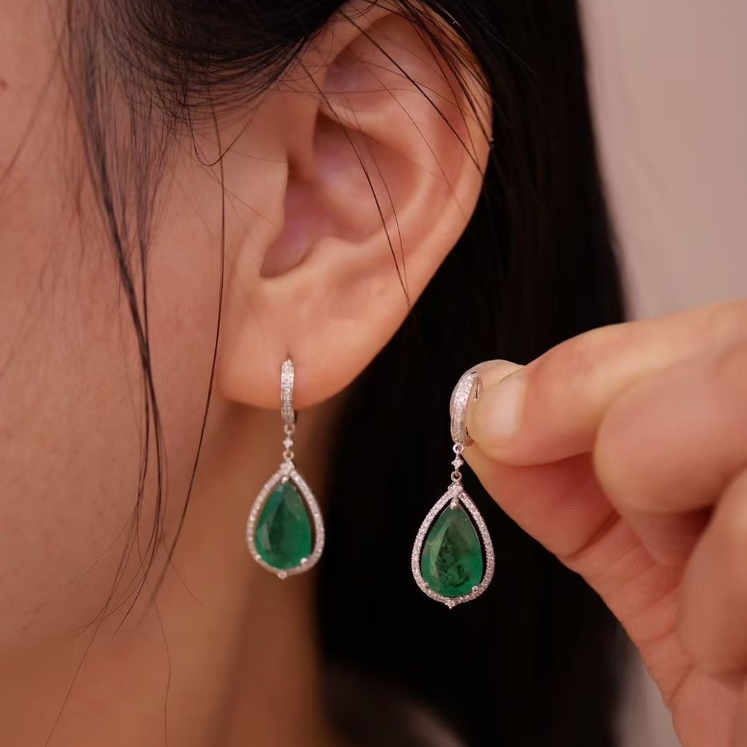 14k Gold 5 Ct Vivid Green Natural Emerald & Diamond Earrings - 4