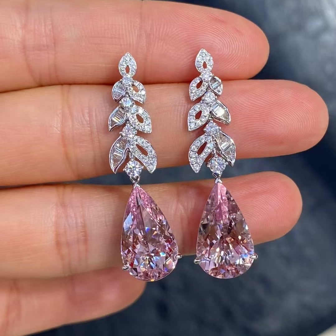 14k Gold 10.23 Ctw Natural Morganite & Diamond Earrings: Ref:230997074 // gold content:14k gold // main gemstone:morganite // shape:pear // carat weight:9. 16ct // color:cherry blossom color // treatment:natural // // adjacent gemstone 2 : diamond // shape: