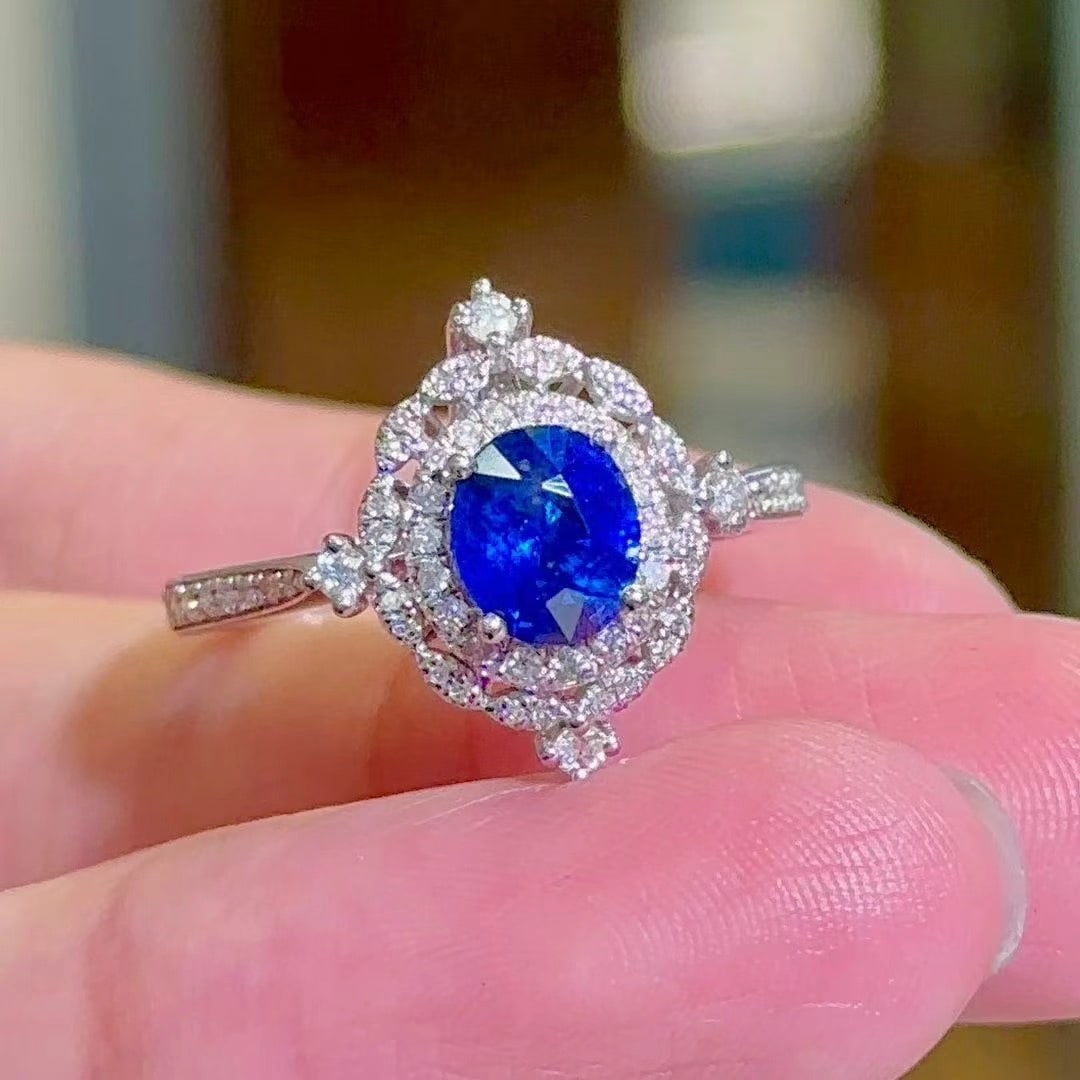 14k Gold 1.43 Ctw Natural Sapphire & Diamond Ring: Ref:230997085 // gold content:14k gold // ring size:7. 25us // // main gemstone:sapphire // shape:oval // carat weight:1. 07ct // color:royal blue // treatment:natural // // adjacent gemstone 2 :