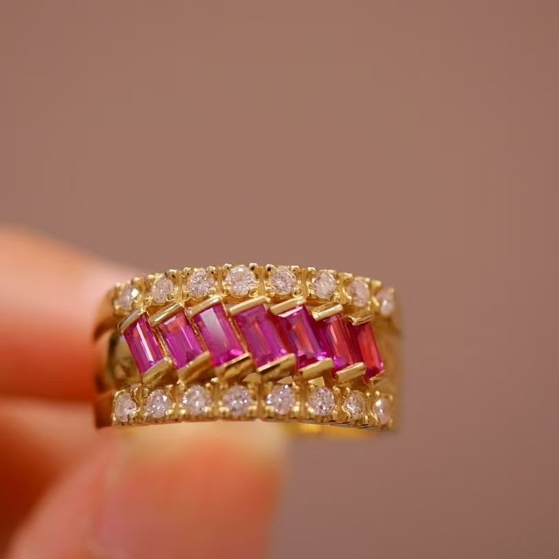 14k Gold 0.96 Ctw Natural Ruby & Diamond Ring: Ref:230997078 // gold content:14k gold // ring size:7. 25us // // main gemstone:ruby // shape:rectangle // carat weight:0. 8ct // color:red // treatment:natural // // adjacent gemstone 2 : diamond //