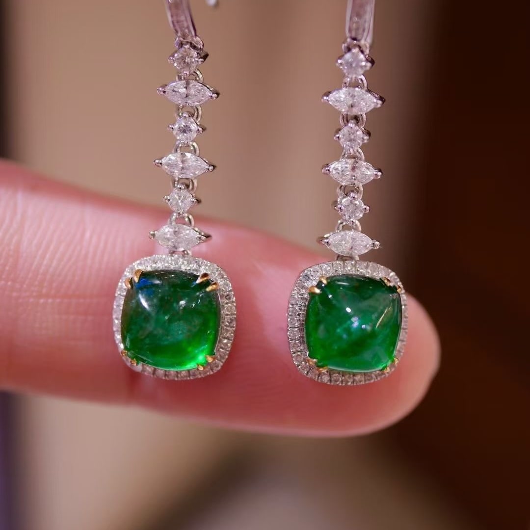 14k Gold 3 Ct Vivid Green Natural Emerald & Diamond Earrings - 2