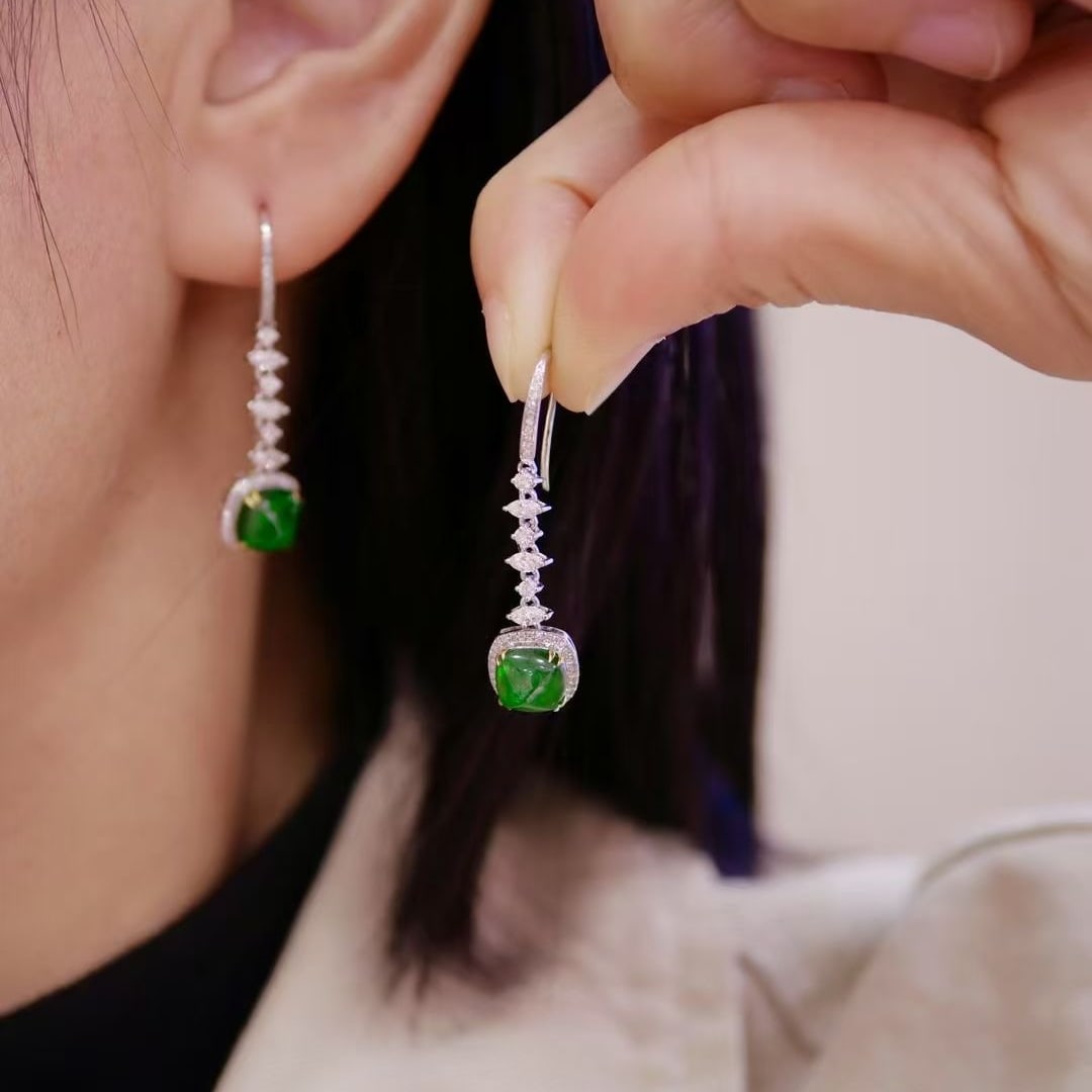 14k Gold 3 Ct Vivid Green Natural Emerald & Diamond Earrings - 4