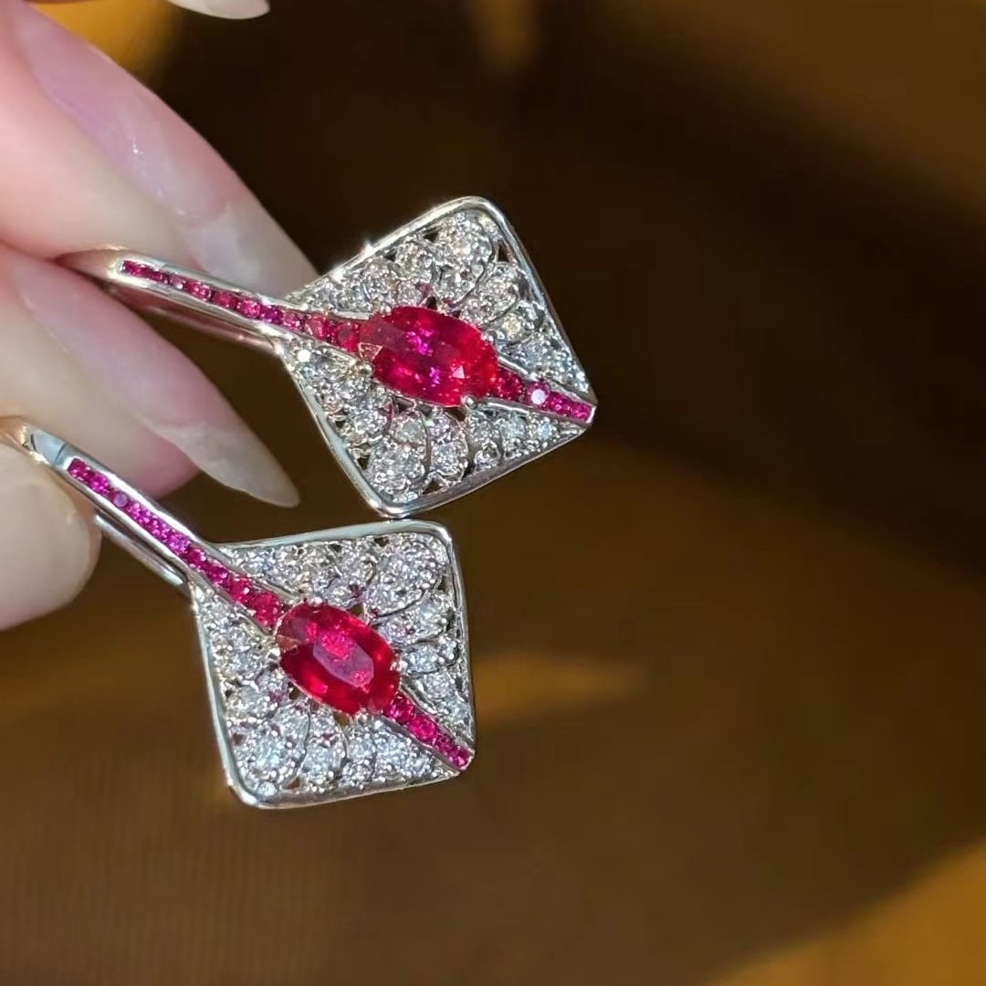 14k Gold 0.75 Ct Natural Ruby & Diamond Earrings - 3