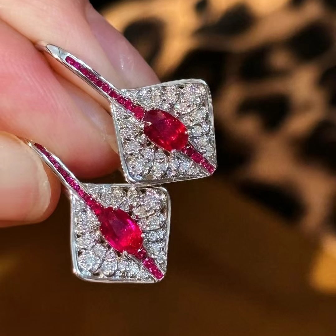 14k Gold 0.75 Ct Natural Ruby & Diamond Earrings - 4