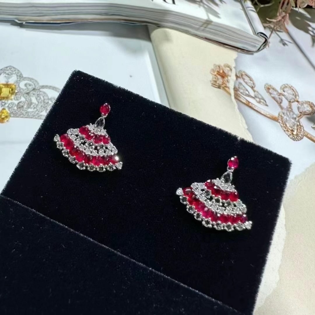 14k Gold 2 Ct Natural Ruby & Diamond Earrings - 5