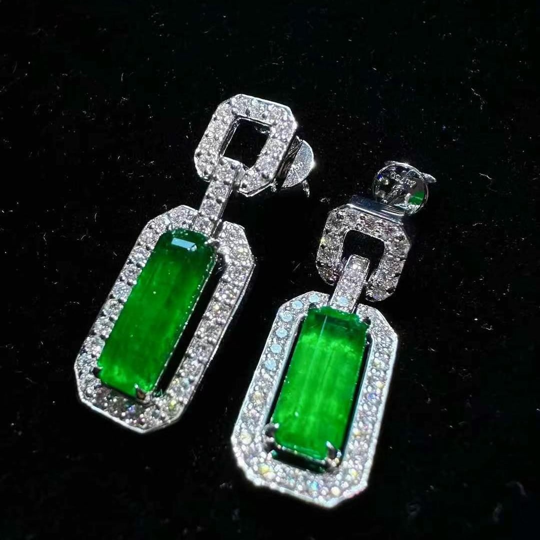 14k Gold 4.17 Ctw Vivid Green Natural Emerald & Diamond Earrings - 3