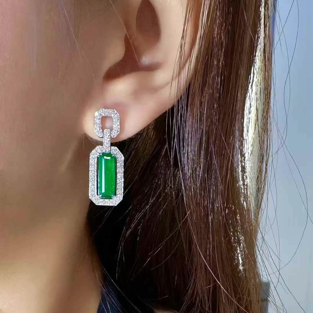 14k Gold 4.17 Ctw Vivid Green Natural Emerald & Diamond Earrings - 4