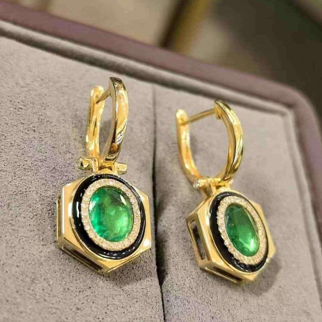 14k Gold 2.23 Ctw Natural Emerald & Diamond Earrings - 5