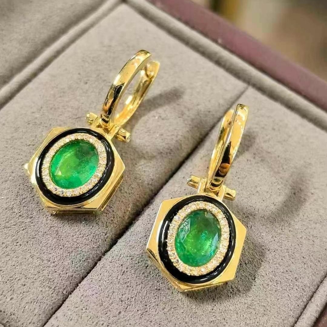 14k Gold 2.23 Ctw Natural Emerald & Diamond Earrings - 6