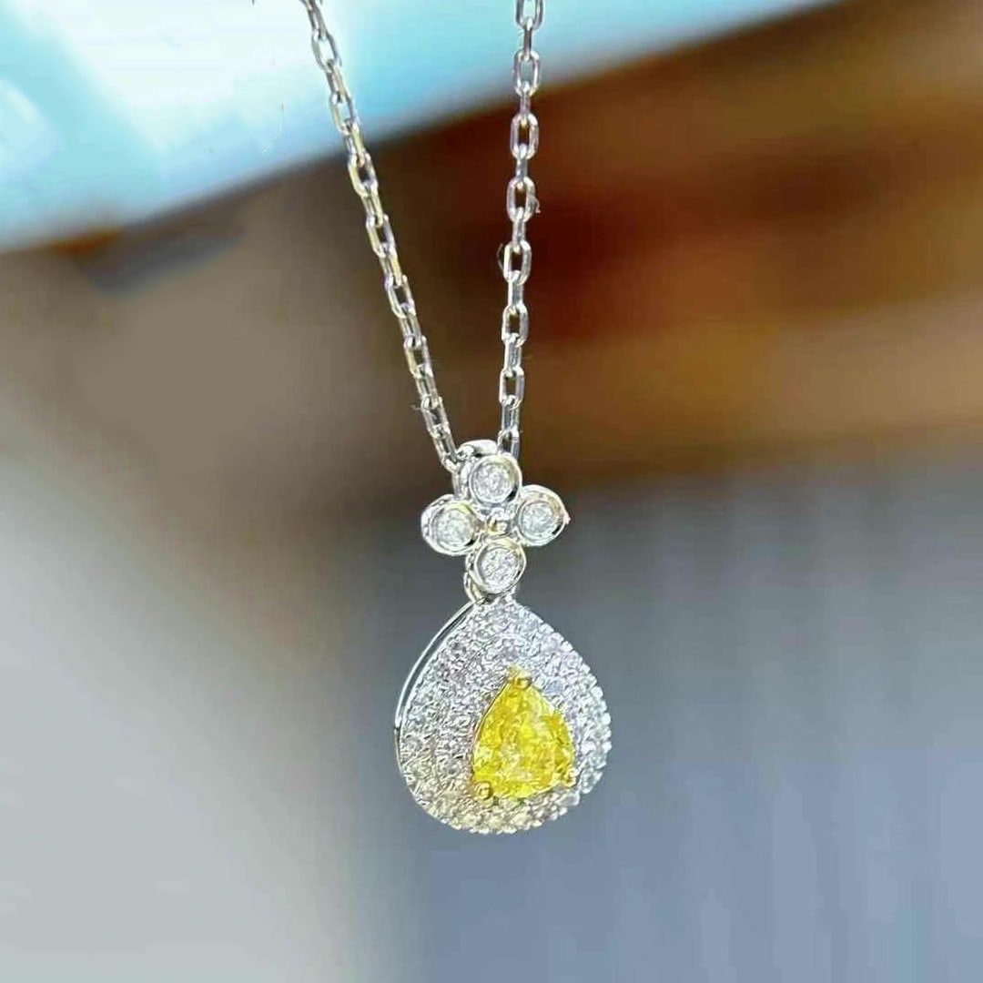 14k Gold 0.25 Ct Natural Yellow Diamond & Diamond Pendant( Without Chain ) - 4