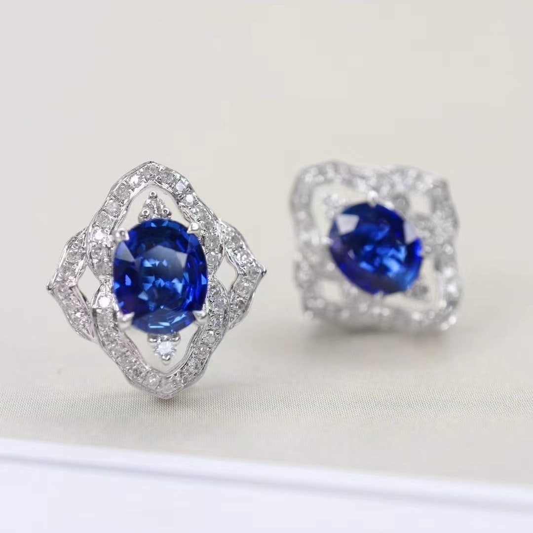 14k Gold 1.88 Ctw Natural Sapphire & Diamond Earrings - 4