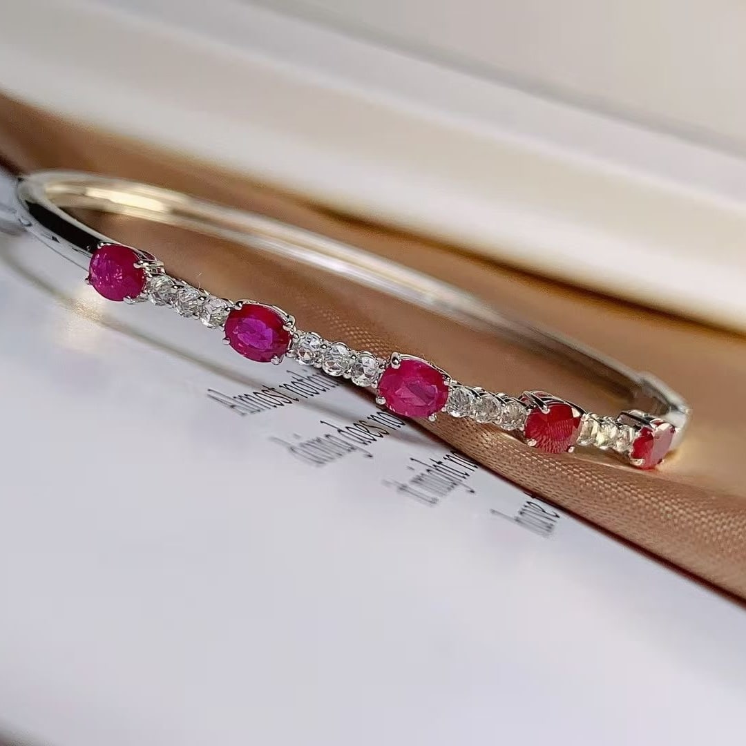 14k Gold 2 Ct Natural Ruby & Diamond Bangle - 2