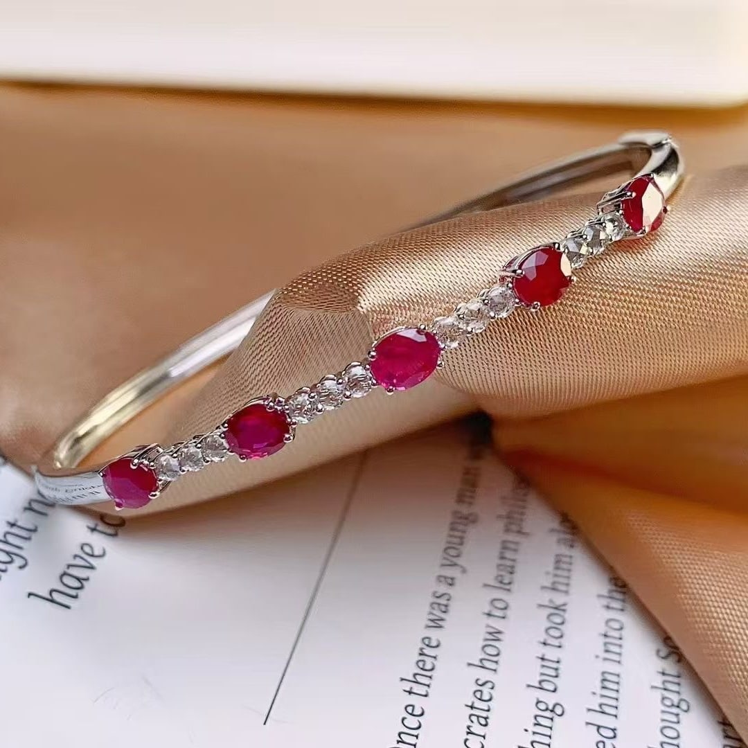 14k Gold 2 Ct Natural Ruby & Diamond Bangle - 3