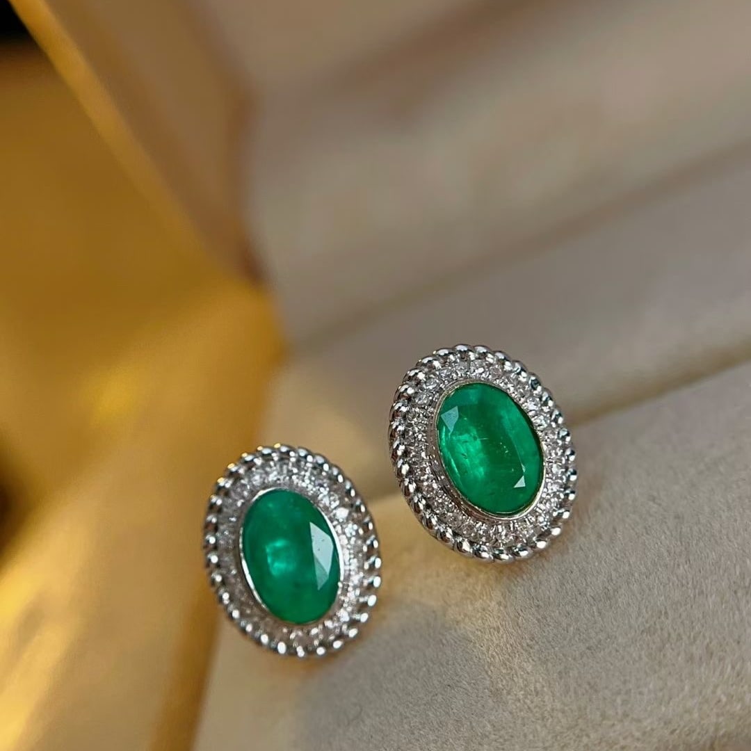 14k Gold 1 Ct Natural Emerald & Diamond Earrings - 2