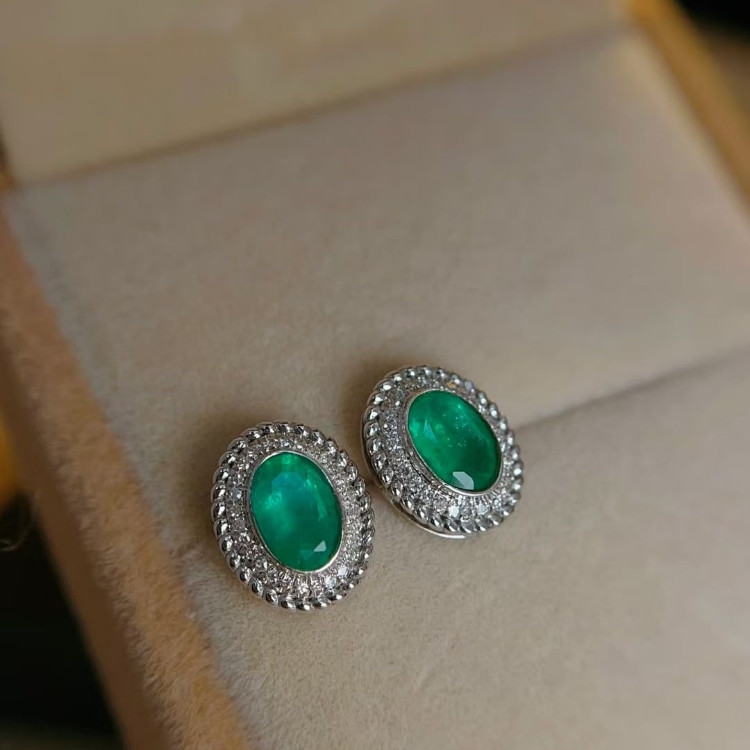14k Gold 1 Ct Natural Emerald & Diamond Earrings - 3