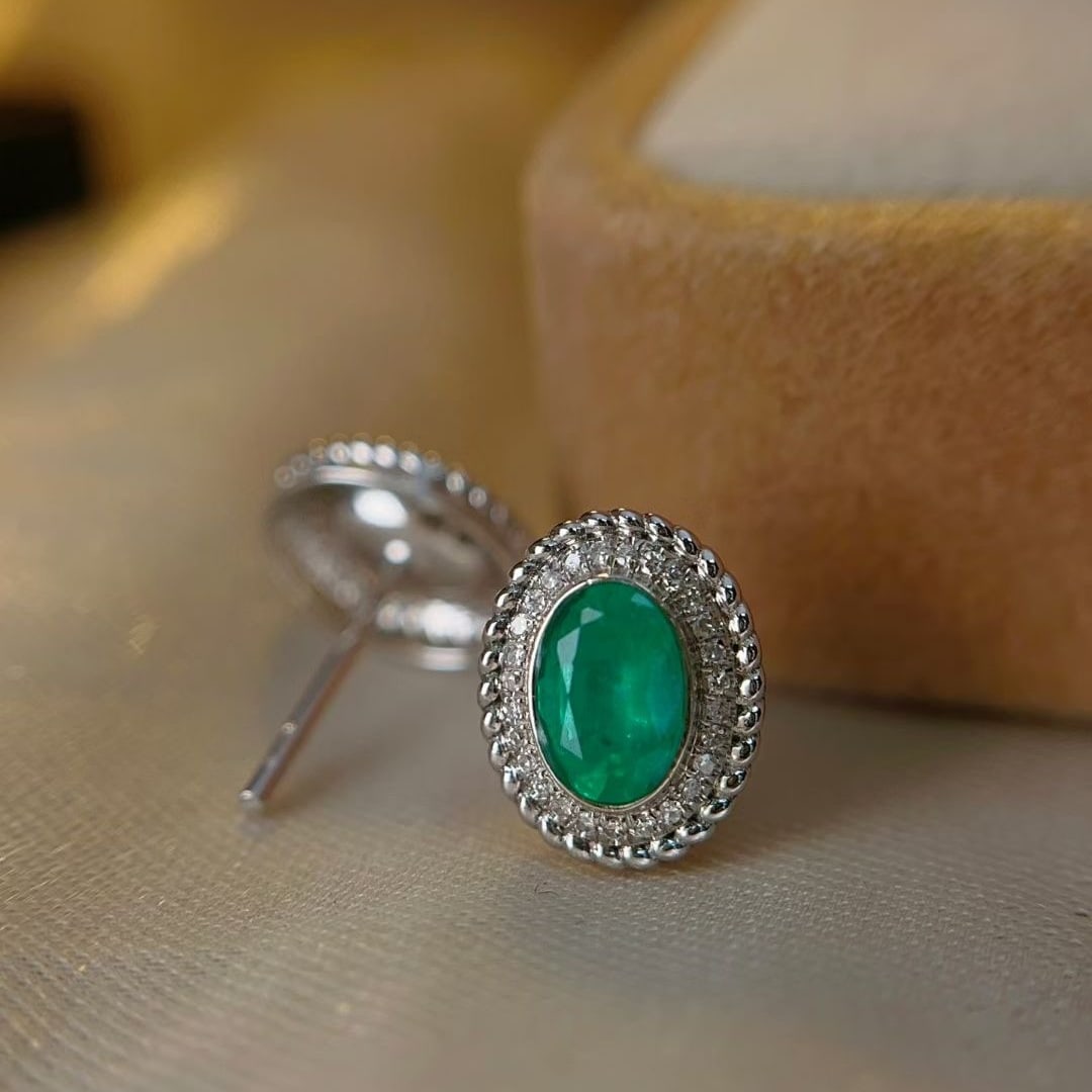 14k Gold 1 Ct Natural Emerald & Diamond Earrings - 5
