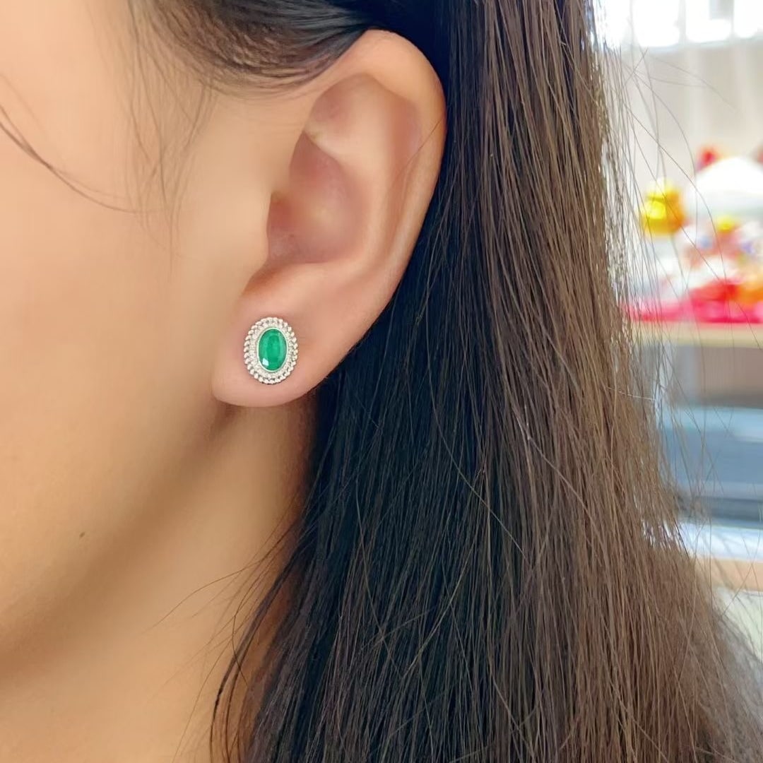14k Gold 1 Ct Natural Emerald & Diamond Earrings - 6