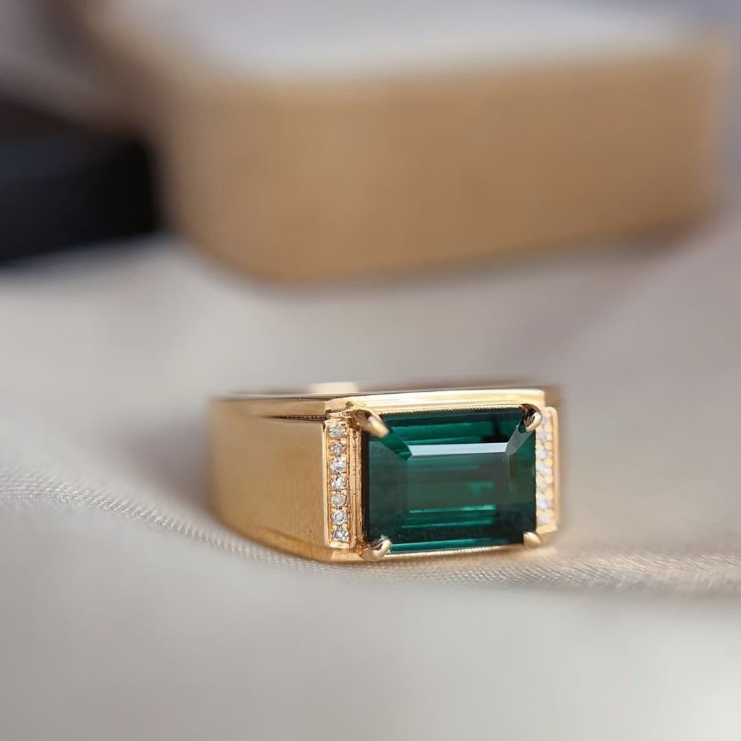 14k Gold 2.55 Ct Natural Tourmaline & Diamond & Men¡¯s Ring: Ref:230997123 // gold content:14k gold // ring size:8us // // main gemstone:tourmaline // shape:octagonal // carat weight:2. 55ct // color:bluish green // treatment:natural // // adjacent gemstone 2