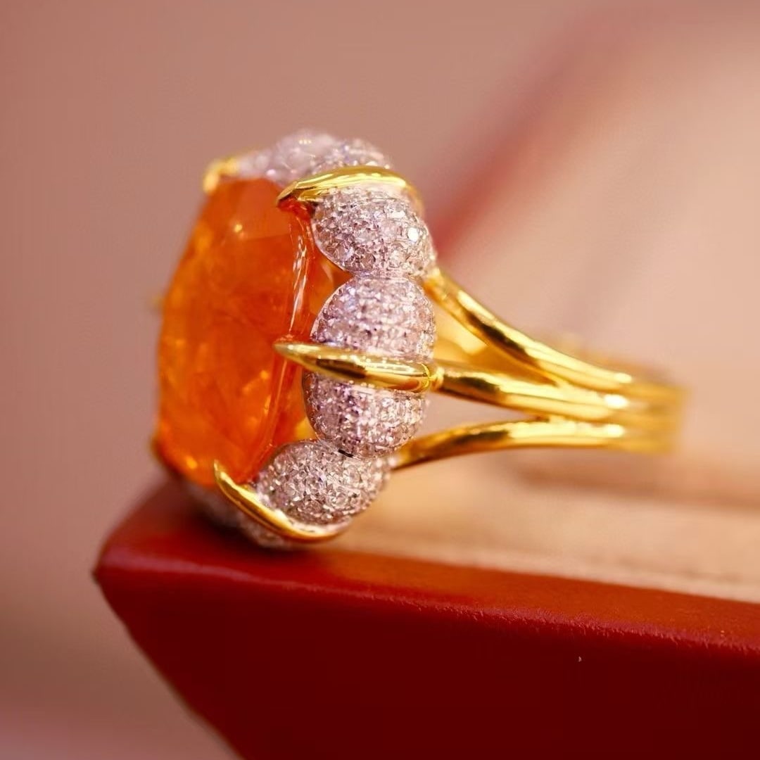 14k Gold 15.09 Ctw Natural Spessartine & Diamond Ring - 2