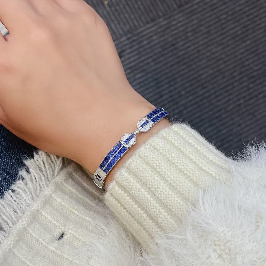 14k Gold 5.85 Ct Natural Sapphire & Diamond Bangle - 5