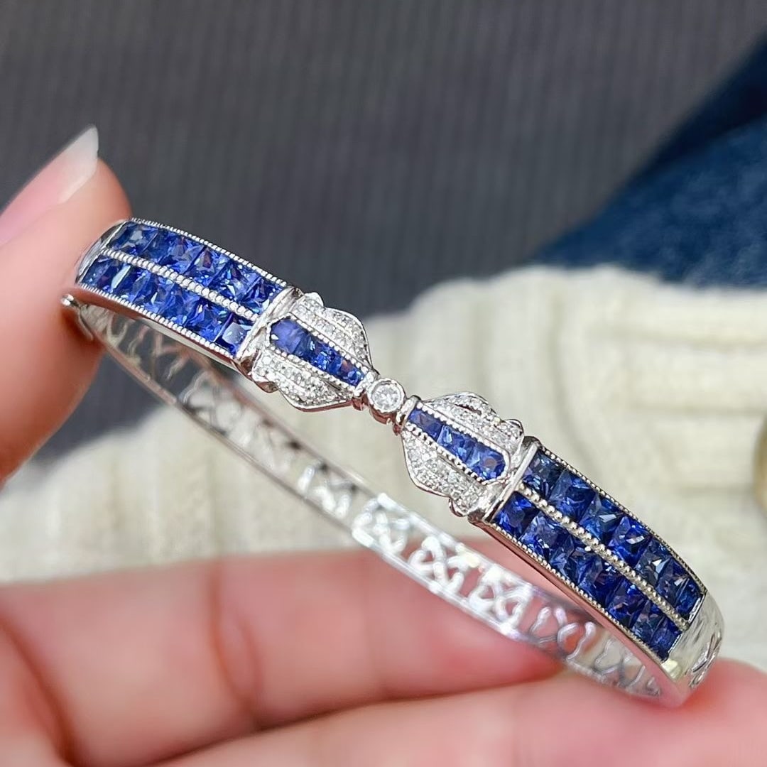 14k Gold 5.85 Ct Natural Sapphire & Diamond Bangle - 6