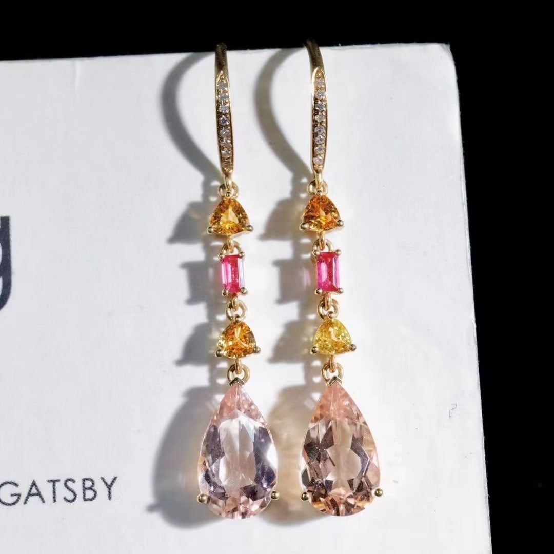 14k Gold 3.94 Ctw Natural Morganite & Diamond Earrings: Ref:230997134 // gold content:14k gold // main gemstone:morganite // shape:pear // carat weight:3. 86ct // color:orange // treatment:natural // // adjacent gemstone 2 : diamond // shape:round //