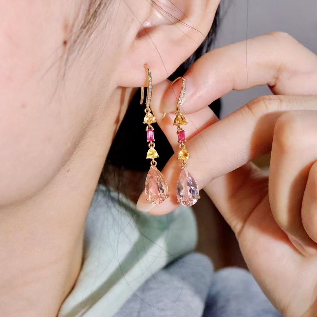 14k Gold 3.94 Ctw Natural Morganite & Diamond Earrings - 5