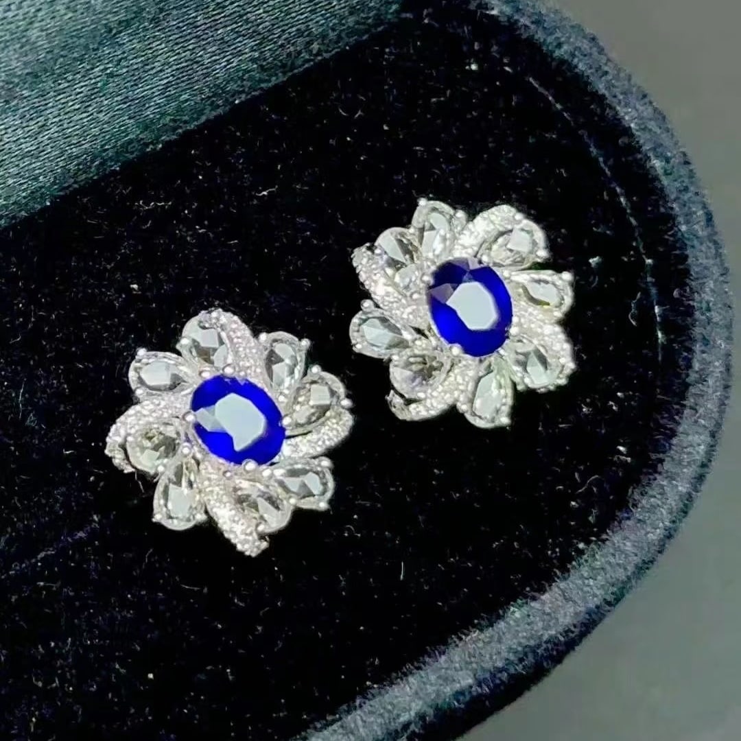 14k Gold 0.8 Ct Natural Sapphire & Diamond & Sapphire Earrings - 3