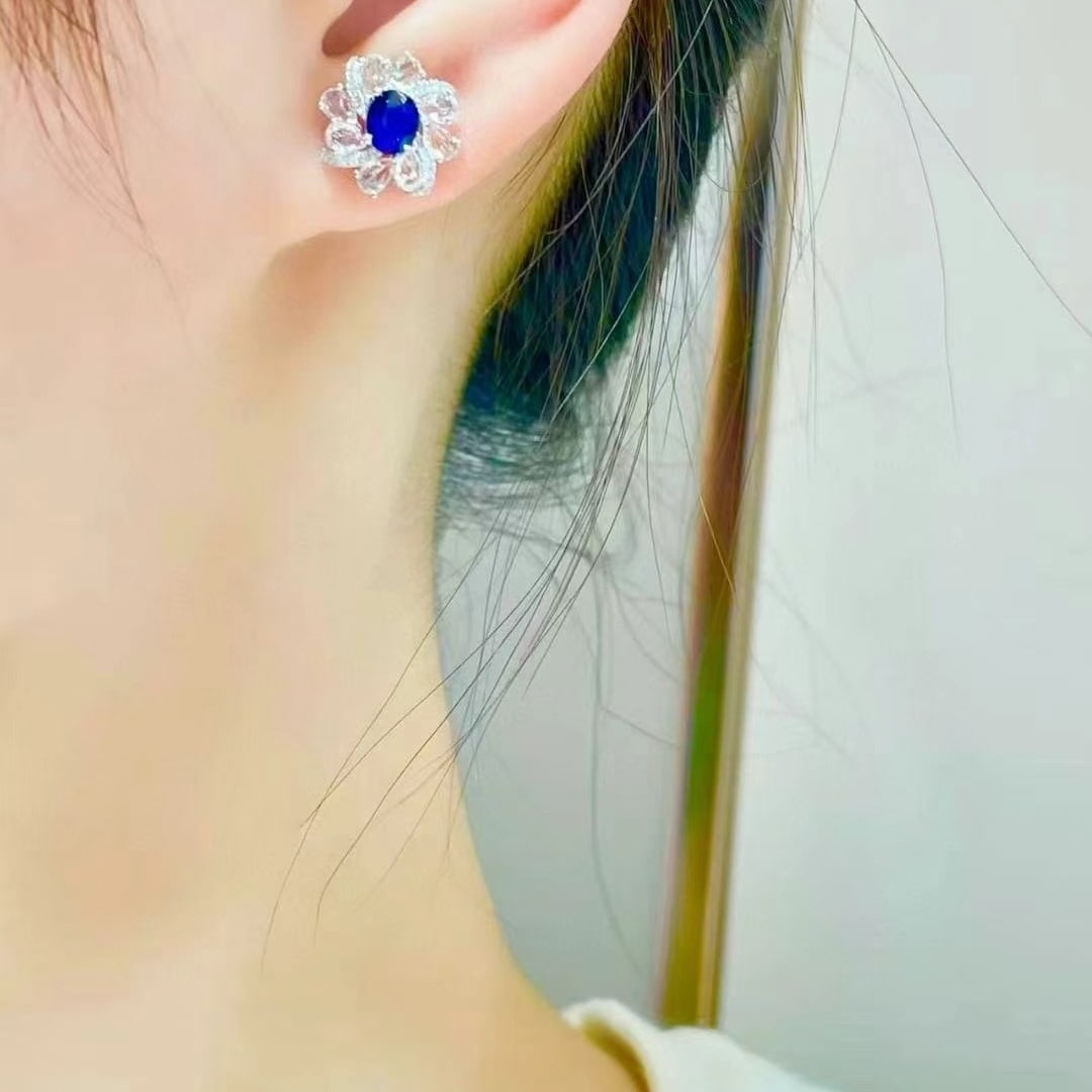 14k Gold 0.8 Ct Natural Sapphire & Diamond & Sapphire Earrings - 5