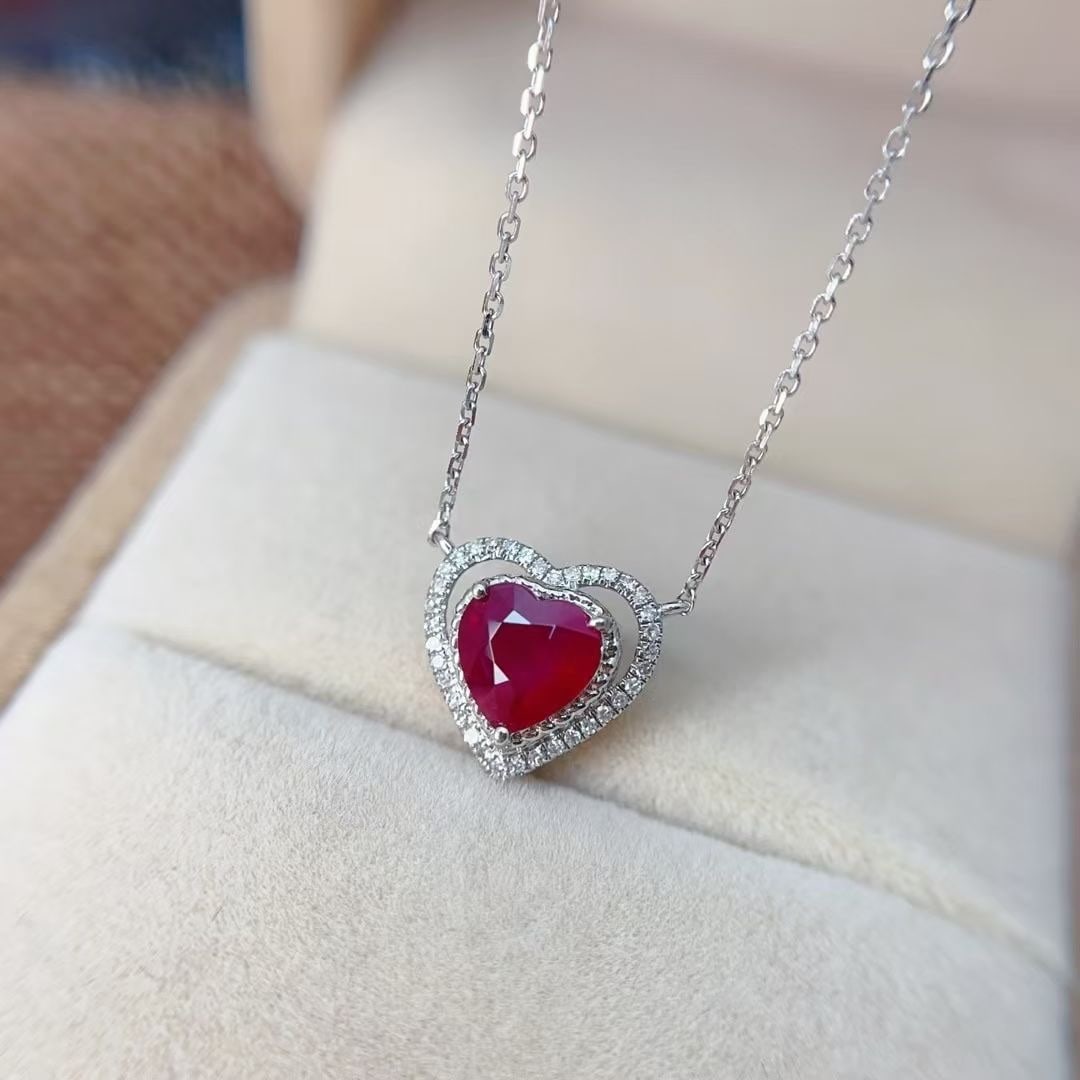 14k Gold 1.15 Ct Natural Ruby & Diamond Necklace: Ref:230997149 // gold content:14k gold // main gemstone:ruby // shape:heart // carat weight:1. 15ct // color:pigeonblood red // treatment:natural // // adjacent gemstone 2 : diamond // number of