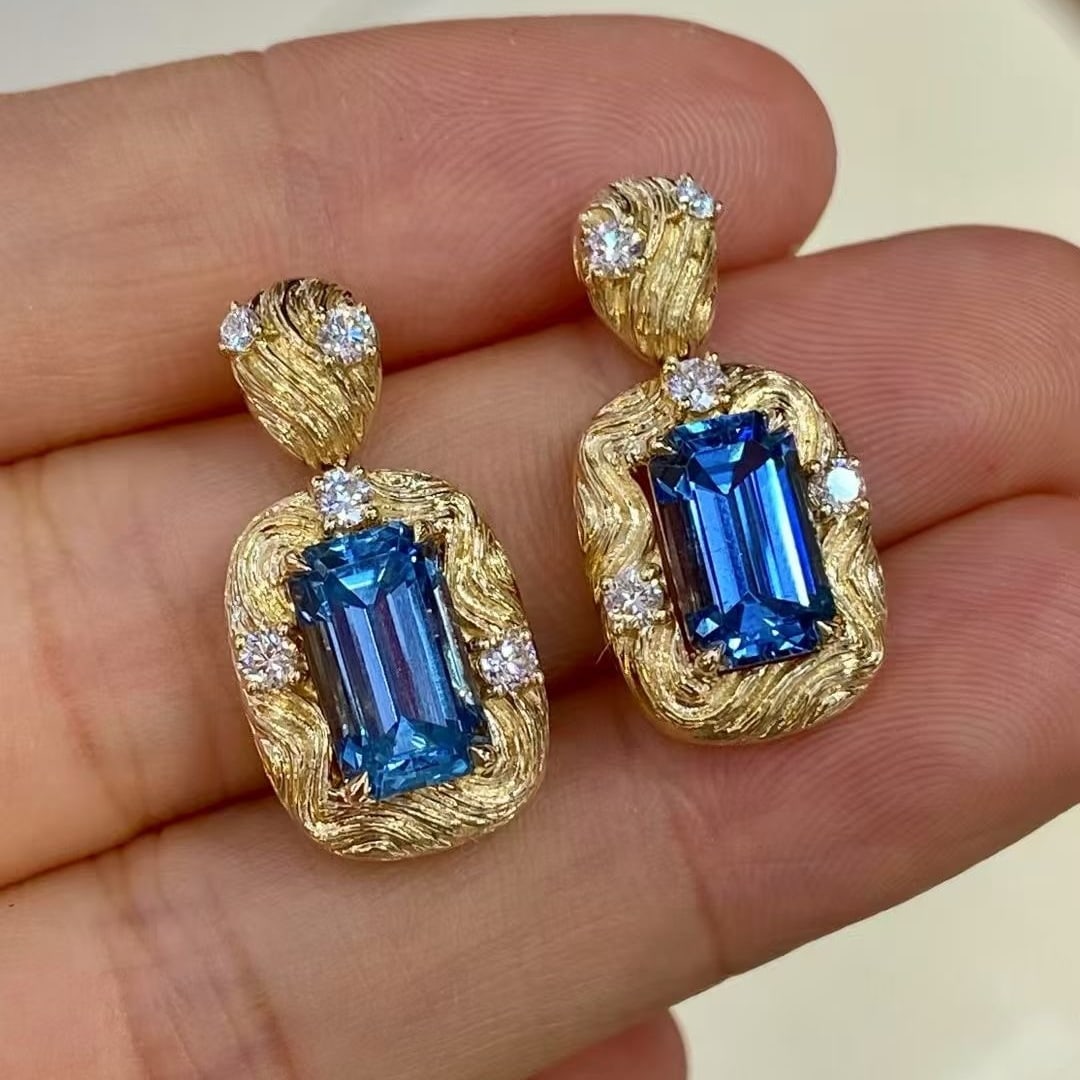 14k Gold 4.38 Ctw Natural Aquamarine & Diamond Earrings - 2
